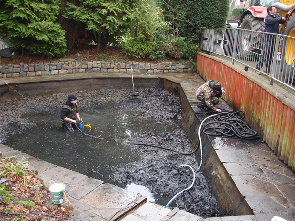 Dewatering the pond via suction tanker, allowing access for silt removal.